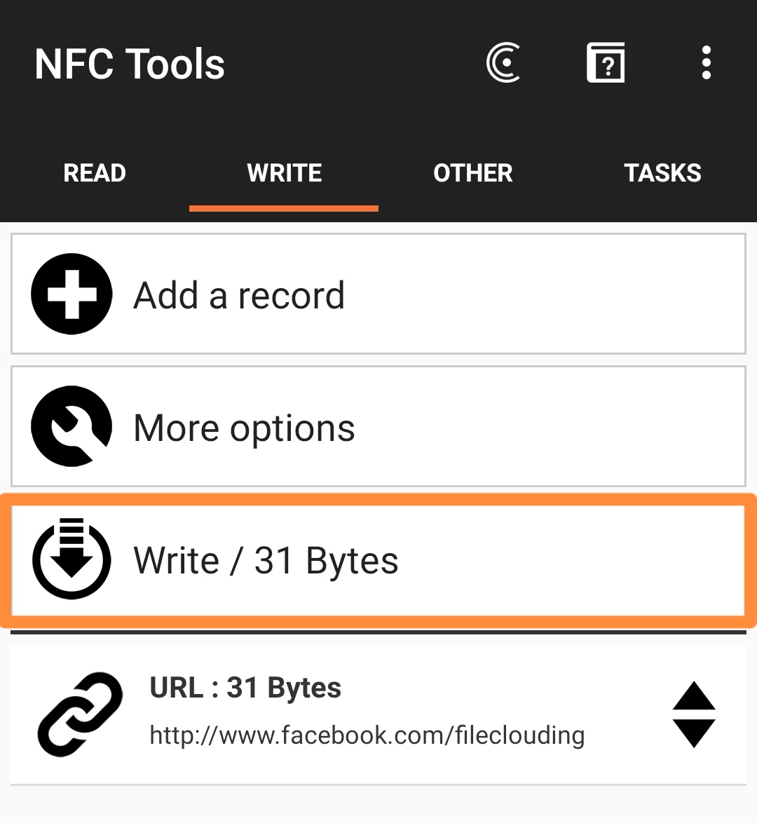 Facebook page nfc write