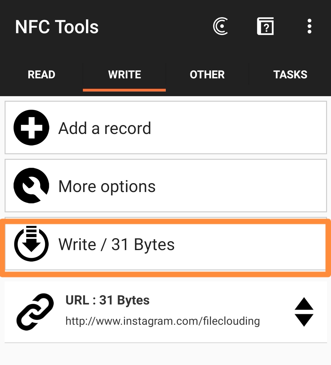 Instagram nfc write